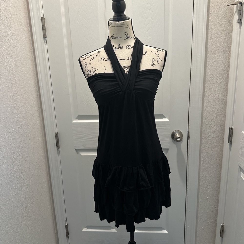 2009 Vintage Express Black Halter Tiered Ruffle Dress